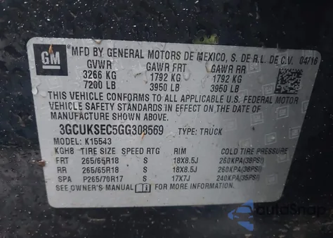 2016 Chevrolet Silverado 1500 2Lz z USA, uszkodzony, nr VIN 3GCUKSEC5GG308569